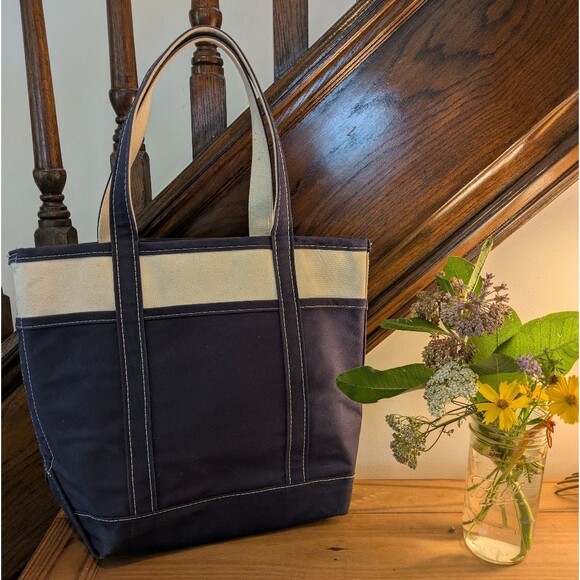 Vintage LL Bean Canvas Boat & Tote Bag 80s/90s? Navy Blue Cream Large - Picture 1 of 14